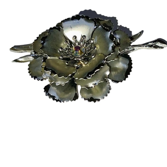 VTG Coro Flower Brooch Dimensional Silver Moving Petals Crystals Detailed Signed - Picture 3 of 5